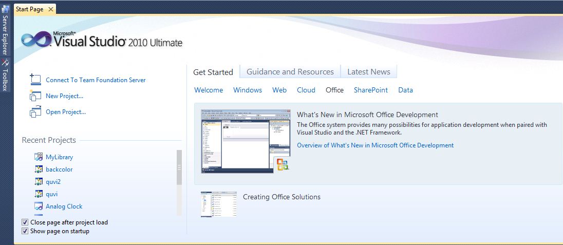 Microsoft Visual Studio Start Page